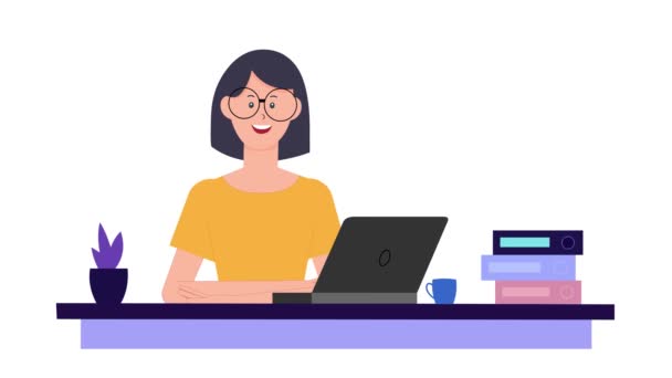 Animation Cartoon Woman Sitting Table Talking White Background Laptop Folders — Stock Video