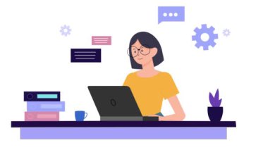 İş kadını dizüstü bilgisayar / 2D animasyon, çizgi film, dizüstü bilgisayarda çalışan kadın, iş kadını, kadın, hareket grafikleri, beyaz arka plan, kız