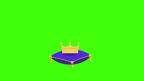 2D动画 卡通片 皇冠魔法般出现 一次又一次地跳到枕头上 绿色背景 — 图库视频影像
