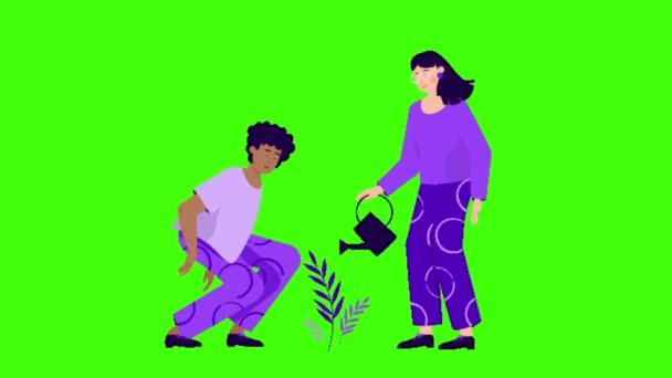 2Dアニメーション 女性は植物 緑の背景に2人の女性 植物を眺めている 緑の背景に植物を植える — ストック動画