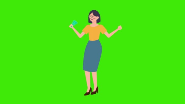 Animation Cartoon Glückliche Unternehmerin Animation Geld Cartoon Weibliche Figur Hebt — Stockvideo