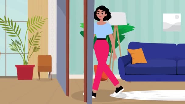 2D动画 卡通片 妇女步行 卡通片女孩 步行妇女 现代客厅 穿连衣裙的人物 — 图库视频影像