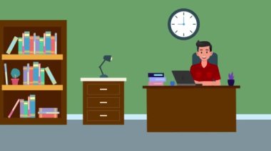 2D animasyon, çizgi film, masada oturan ve ofis arka planında konuşan adam, iş adamı, ofis