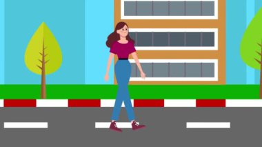 2D animasyon, çizgi film, kadın şehir yolunda yürüyor, kadın, kız, şehir, yol