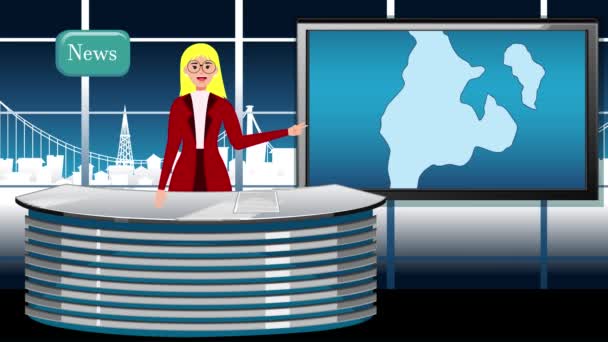 Cartoon Nieuws Verslaggever Nieuws Studio Animatie Nieuws Rapportage Animatie Meisje — Stockvideo