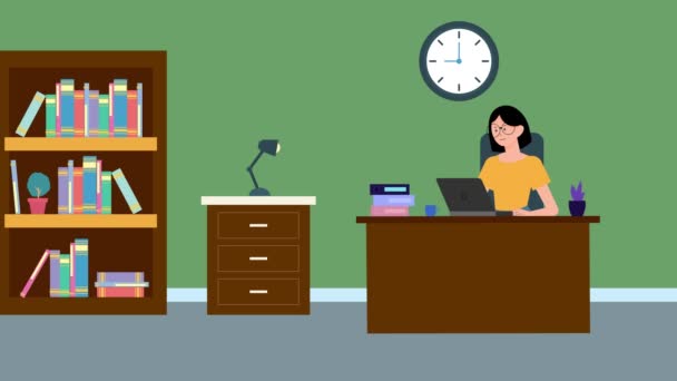 Анімація Мультфільм Жінка Працює Ноутбуці Бізнесмен Жінка Графіка Руху Офісний — стокове відео