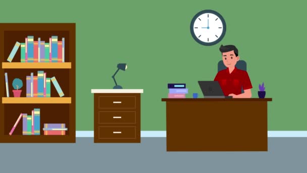 Анімація Мультфільм Людина Працює Ноутбуці Бізнесмен Людина Графіка Руху Офісний — стокове відео