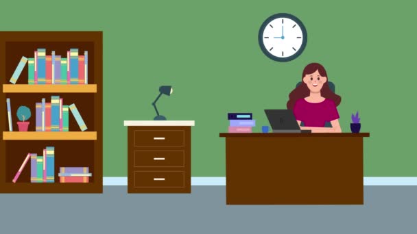Animation Cartoon Woman Sitting Table Talking Office Background Businesswoman Office — Stock Video