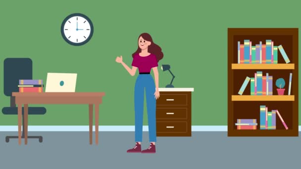 2Dアニメーション 幸せな若い女性 立って親指を示す少女 キャラクターアニメーション オフィスの背景 — ストック動画