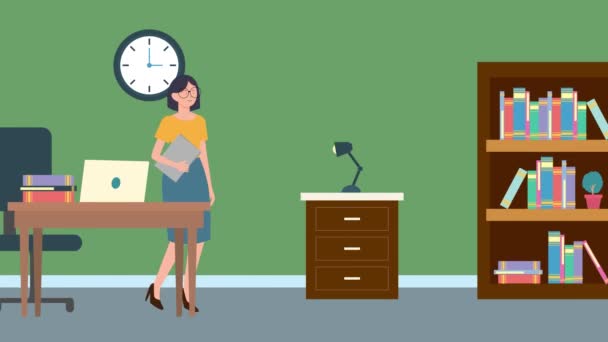 Animación Dibujos Animados Mujer Sosteniendo Carpeta Caminando Oficina Mujer Negocios — Vídeos de Stock