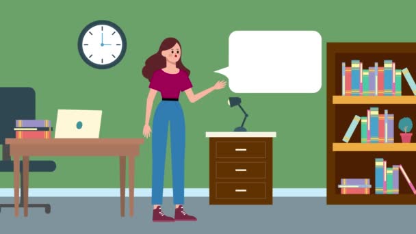 Zeichentrick Animiertes Mädchen Spricht Über Bürohintergrund Geschäftsfrauen Nahtlose Endlosschleife Video — Stockvideo