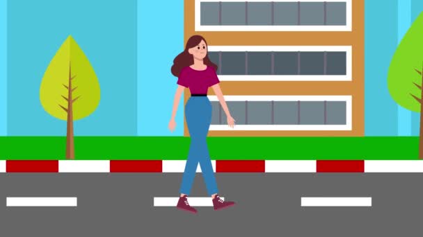 Animation Dessin Animé Femme Marchant Sur Route Ville Femme Fille — Video