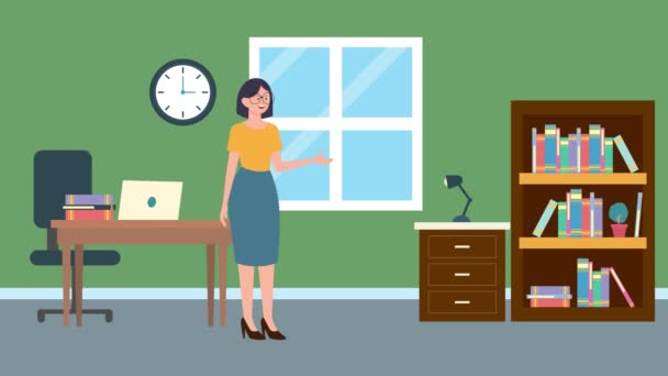 Cartoon Animated Girl Talking Office Background Businesswomen Seamless Loop Video — Stock Video
