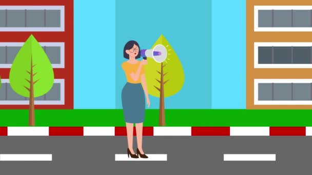 2Dアニメーション メガフォンで話している女性 都市の背景 漫画のキャラクター — ストック動画