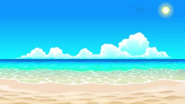 sea and sky background / 2d animation cartoon beach with waves, sun and flying birds