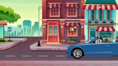 girl driving a car on the city street road background / 2d / animation