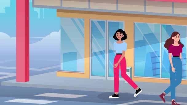 Animation Cartoon Womans Walking Street Girls Walking City Road Street — ストック動画