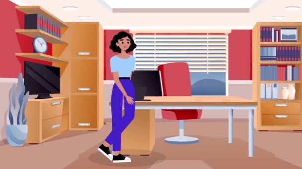 Animation Tecknade Kvinnor Promenader Kontoret Flicka Promenad Företag Chef Anställd — Stockvideo