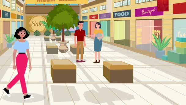 Animation Cartoon Girl Walk Shopping Mall Background Girl Boy Talking — Stok Video