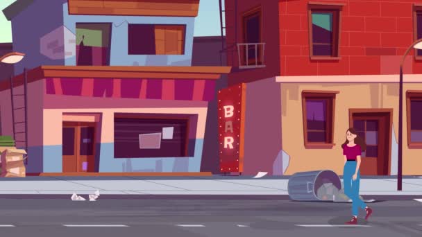 Animacja Kreskówki Kobieta Spacerująca Mieście Kobieta Dziewczyna Miasto Droga — Wideo stockowe