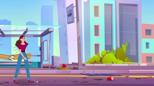 2Dアニメーション 都市道を歩く女性 — ストック動画