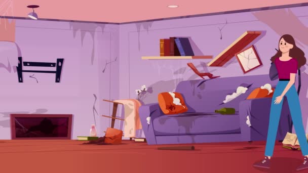 Animation Cartoon Woman Walking Dirty Room Woman Girl House Room — стокове відео