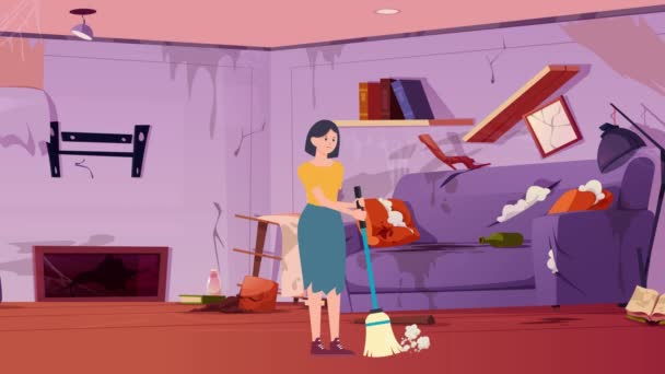 Animation Cartoon Woman Cleaning Dirty Room Woman Girl House Room — Vídeos de Stock