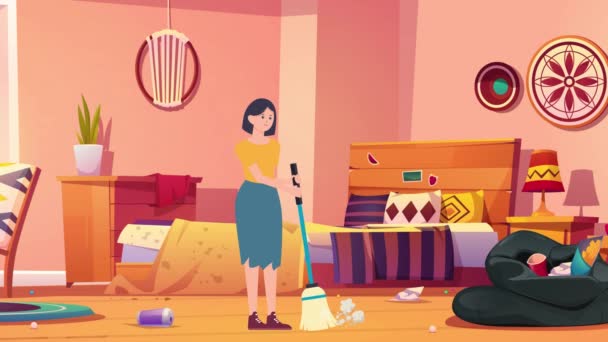 Animation Cartoon Woman Cleaning Dirty Room Woman Girl House Room — Vídeos de Stock