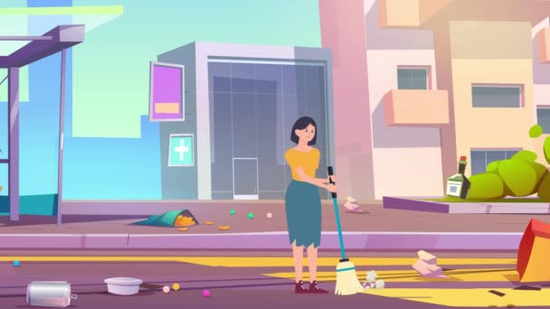 Animation Cartoon Maid Cleaning City Road Street Girl Woman — Stockvideo