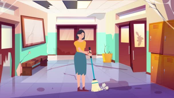 Animation Cartoon Woman Cleaning Dirty School Woman Girl School Class — Stockvideo