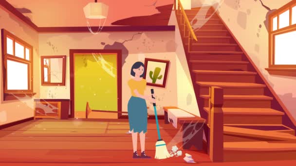 Animation Cartoon Woman Cleaning Dirty Room Woman Girl House Room — Vídeo de Stock