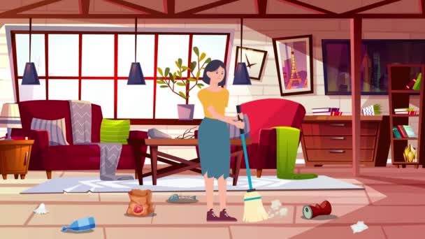Animation Cartoon Woman Cleaning Dirty Room Woman Girl House Room — Video Stock
