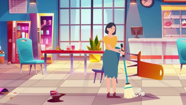 Animation Cartoon Woman Cleaning Dirty Hotel Woman Girl Hotel Cafetaria — стокове відео