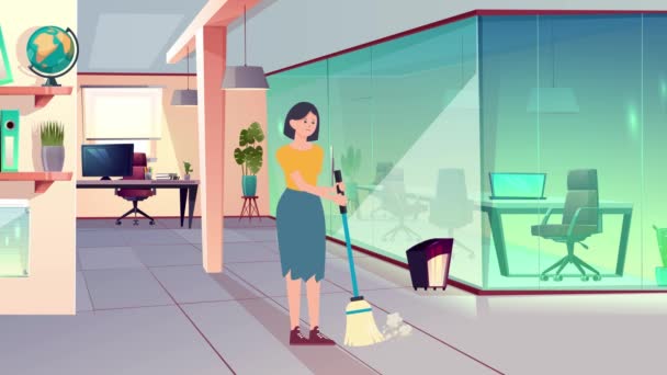 Animation Cartoon Woman Cleaning Office Woman Girl Office — Stock Video