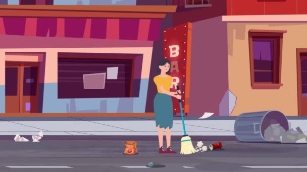 Animation Cartoon Maid Cleaning City Road Street Girl Woman — Vídeo de stock