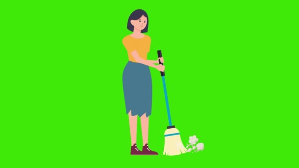 Animation Cartoon Woman Cleaning Green Background Woman Girl Cleaning White — Wideo stockowe