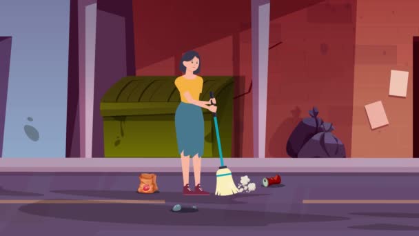 Animation Cartoon Maid Cleaning City Road Street Girl Woman — стоковое видео