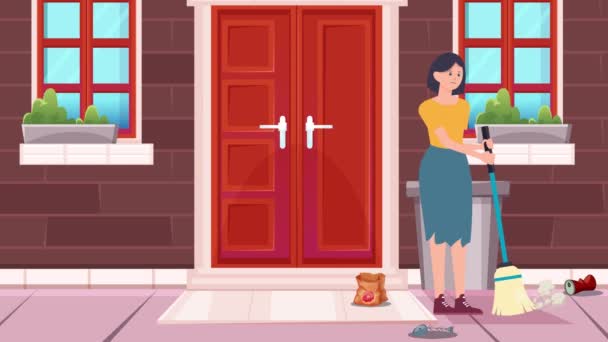 Animation Cartoon Woman Cleaning House Woman Girl House — 비디오