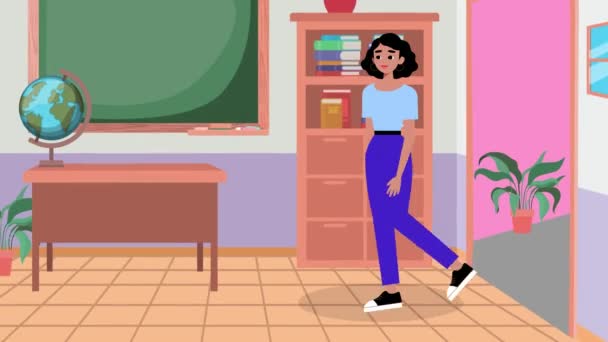 Animation Cartoon Girl Walking Class Room Teacher Student School — Stockvideo