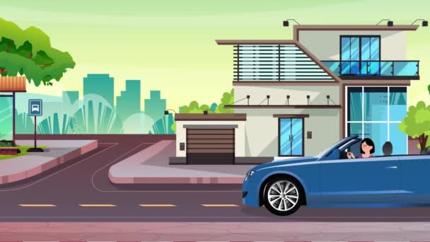 Girl Driving Car City Street Road Background Animation — стоковое видео