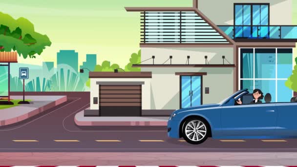 Girl Driving Car City Street Road Background Animation — ストック動画