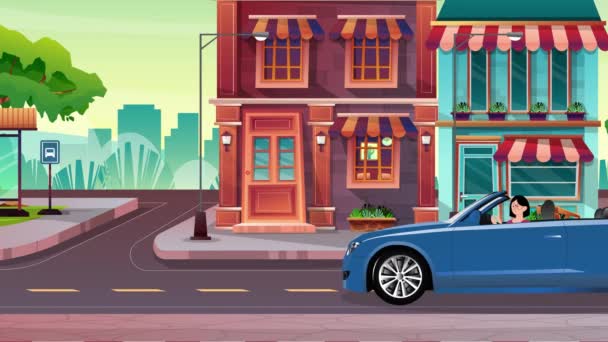 Girl Driving Car City Street Road Background Animation — ストック動画
