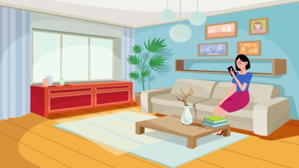 Woman Sitting Living Room Watching Phone Headphone Handsfree Headsets — стоковое видео