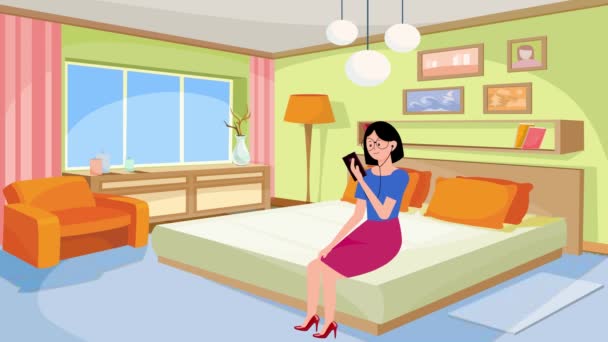 Woman Sitting Bedroom Watching Phone Headphone Handsfree Headsets — ストック動画