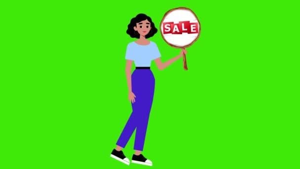 Dívka Držící Prodejní Tabule Chůzi Zeleném Pozadí Animace Žena Znamení — Stock video