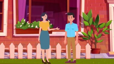 Çizgi filmdeki animasyon kızı sokak arka planında bir adamla konuşuyor, iş kadınları, 2D animasyon, kadın konuşması.