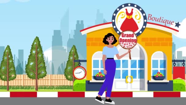 Ragazza Che Tiene Grande Cartello Apertura Cammina Boutique Background Animazione — Video Stock