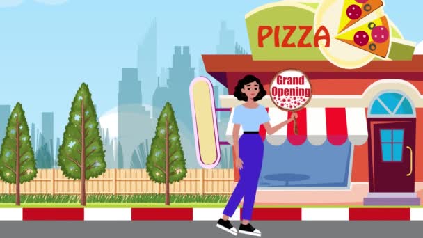 グランドオープニング看板を保持し ピザショップの背景を歩く少女 アニメーション サイン ウォーク マーケティング ビジネス ストリート ロード シティ — ストック動画