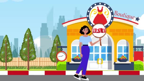 ガールホールディングセール看板とブティックの背景 アニメーション サイン ウォーク マーケティング ビジネス ストリート ロード シティ — ストック動画