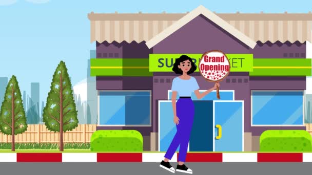 Menina Segurando Uma Placa Abertura Grande Andando Fundo Supermercado Animação — Vídeo de Stock